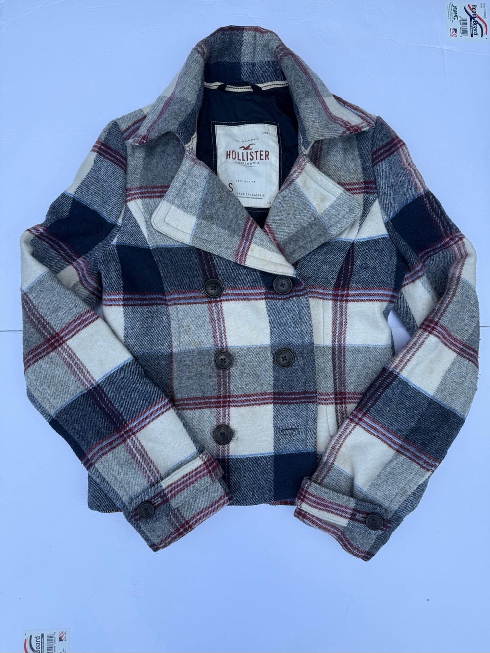 Hollister Plaid Double-Breasted Peacoat in Gray, Navy & White